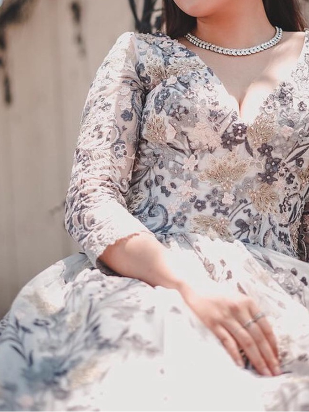 Elegant Floral embroidered Evening Gown - Light Gray & Ivory - Picture 2 of 3